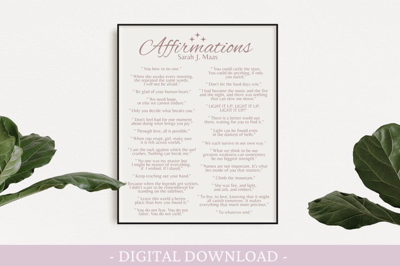 K&ouml;nnte beinhalten: Ein druckbarer digitaler Download eines rosa-wei&szlig;en druckbaren Posters mit dem Text "Affirmations" und einer Liste inspirierender Zitate von Sarah J. Maas.