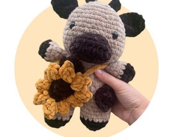 crochet cow, handmade, cow plushie, stuffed animal, amigurumi, amigurumi cow, plushie, farm animal, sunflower cow, fruit cow