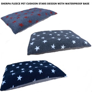 Dog Bed, Pet Cushion - Luxury Feel, Cosy Sherpa Fleece - Stars Design With Waterproof Base