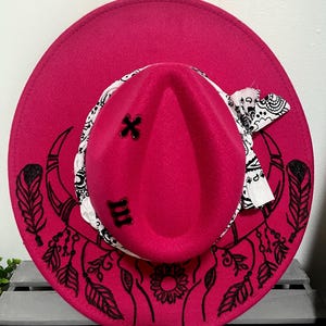 Hand Burned Longhorn Hat: Pink Western Boho Flat Brim