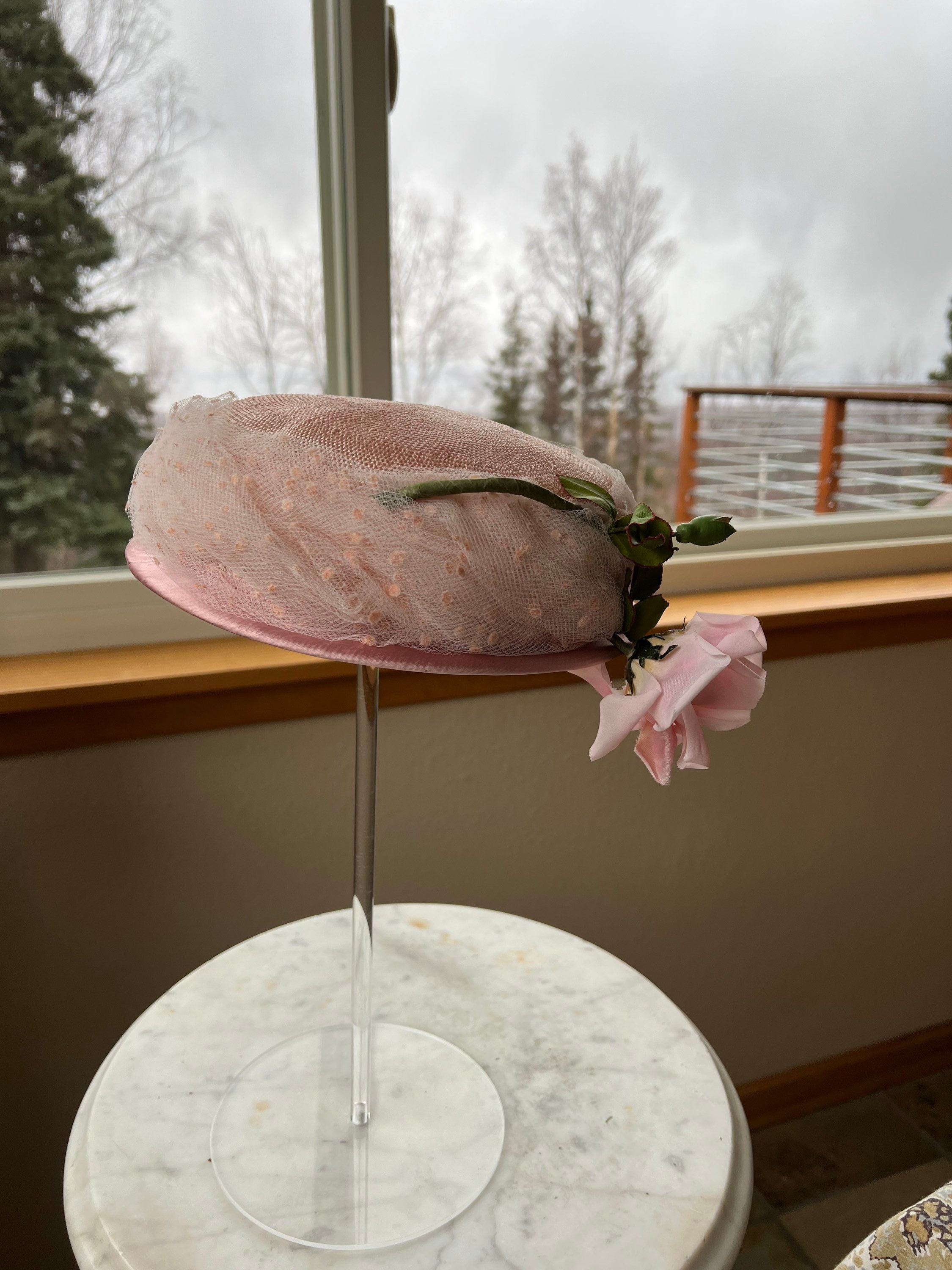 Jan Leslie Vintage Fascinator Hat w/ Pink and Fuchsia Roses & Green Leaves What fascinator matches white dress with pink, yellow, and  main image 4