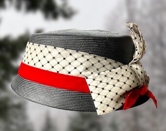 Vintage Jan Leslie Custom Design Pillbox Hat. Navy-grey W  display picture 2
