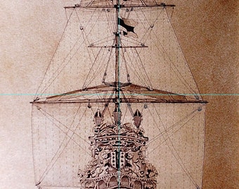 Spanish Galleon Fantail Digital Print of a Pen & Ink Drawing ideal for framing and wall decor