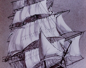 Windjammer Ship in Full Sail. Digital Print of a Pen & Ink Drawing ideal for framing and wall decor