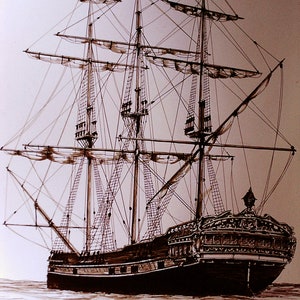 Barkentine with Sails Stowed. Digital Print of a Pen & Ink Drawing ideal for framing and wall decor