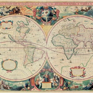 May include: A vintage world map with a detailed illustration of the continents and oceans. The map is surrounded by a decorative border with ornate details and portraits of historical figures. The text "NOVA TOTIVS TERRARVM ORBIS GEOGRAPHICA AC HYDROGRAPHICA TABVLA. Aufl. Henr Hoodho" is printed at the top of the map.