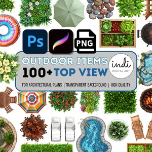 Set van 100 png, bovenaanzicht buitenartikelen, png-meubels, architectuurplanitems, hoge kwaliteit bovenaanzicht meubels, meubelclipart bundel