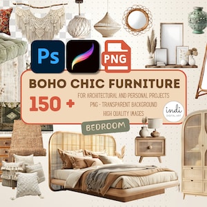 Chambre à coucher bohème chic, éléments de meubles png, clipart de meubles procréer, meubles photoshop, design d'intérieur, créateur de scène, architecture