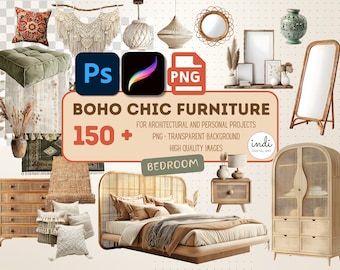 Boho chic bedroom, png furniture elements, procreate furniture clipart, photoshop furniture, interior design, scene creator, architecture