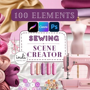 Puede incluir: Una máquina de coser rosa sobre un fondo de cuadrícula blanca. La imagen también incluye recortes de tela rosa, beige y azul, carretes de hilo, botones y un alfiletero rosa. El texto "100 ELEMENTS SEWING SCENE CREATOR" se muestra en un cuadro morado.