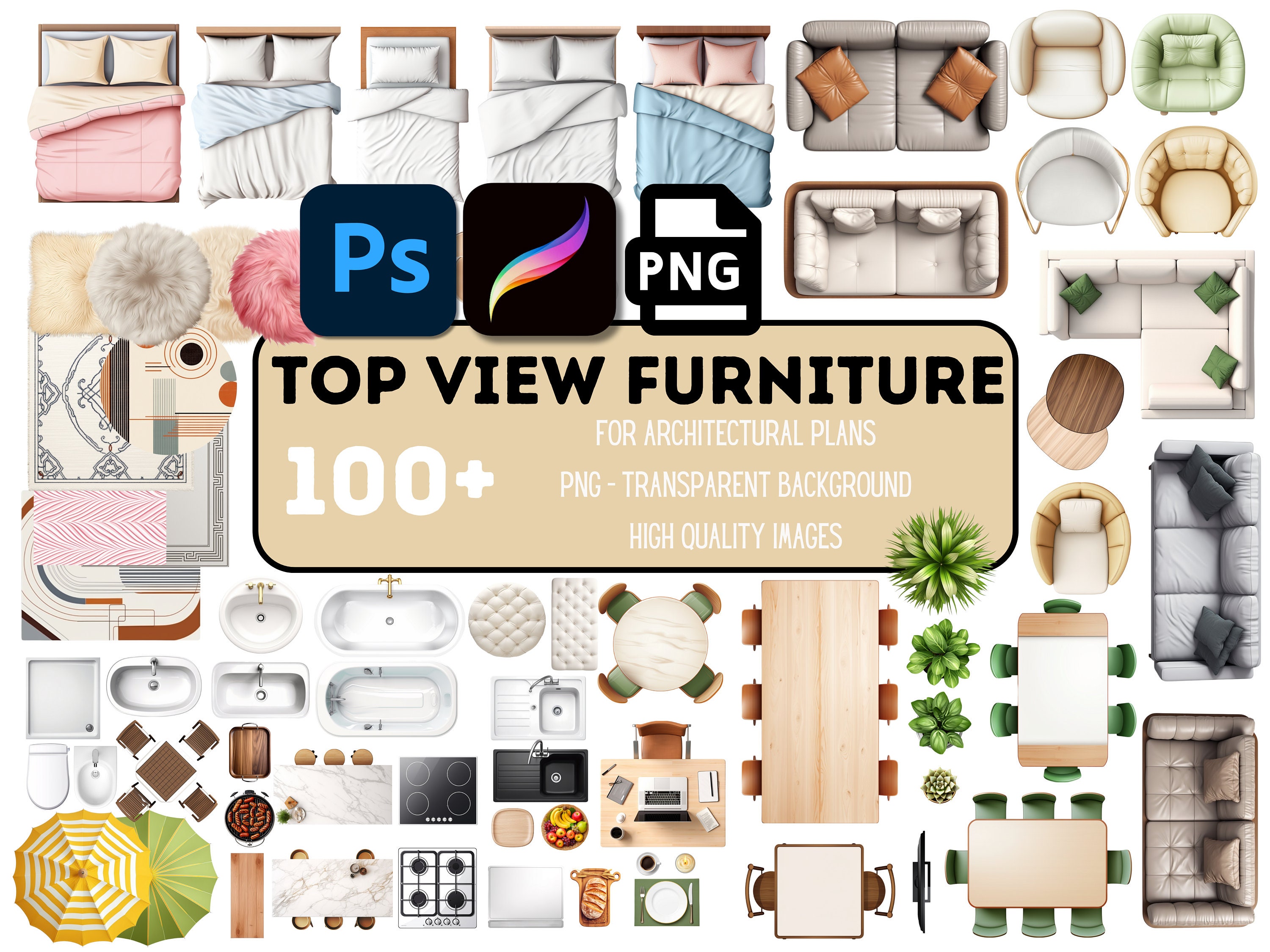 Set of 100 Png, Top View Furniture, Png Furniture, Architecture Plan