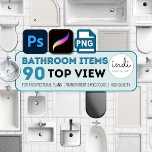 Set van 90 png, bovenaanzicht badkamerartikelen, png-meubels, architectuurplanitems, meubelen van hoge kwaliteit bovenaanzicht, badkamerclipartbundel