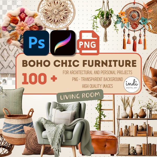 Boho living room, png furniture elements, procreate furniture clipart, photoshop furniture, interior design, scene creator