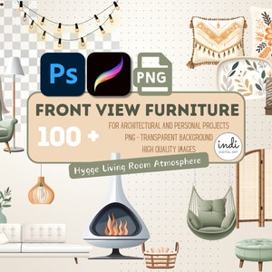 Mobili per soggiorno con vista frontale, creatore di scene, mobili png di alta qualità, camera in stile scandinavo, clipart di mobili hygge, design moodboard