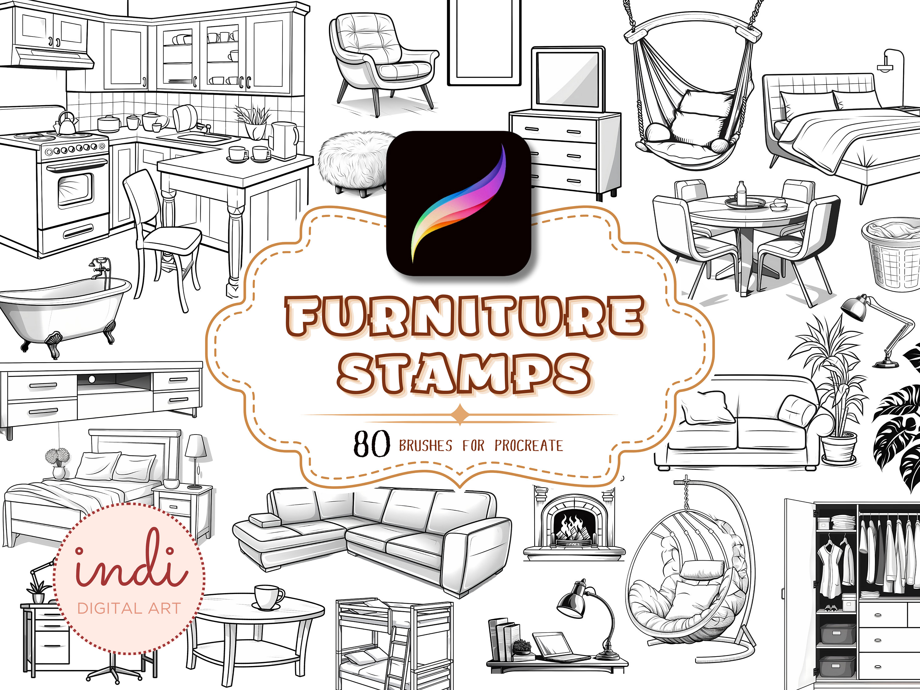 Procreate Brush Stamps de Mobiliario – 80 pinceles de interiorismo y arquitectura para iPad