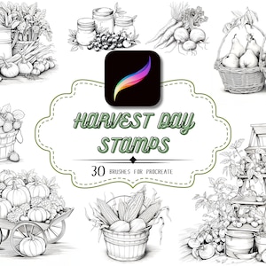 May include: A set of 30 digital stamps for Procreate featuring black and white illustrations of harvest day items, including a watering can, jars of fruit, a basket of pears, a basket of strawberries, a wagon full of pumpkins, a basket of corn, and a ladder with tomatoes.