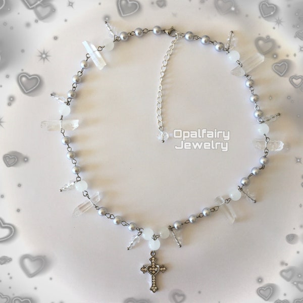 Y2k Rhinestone Cross Necklace |Pearls|Clear Quartz