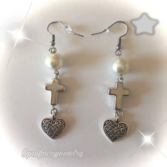 Heart cross earrings deals
