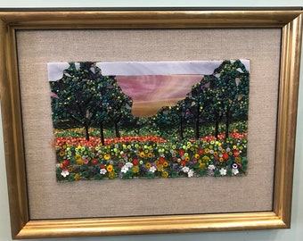 Beautiful Floral Forest Scene - Original handmade glass mosaic - Professionally framed