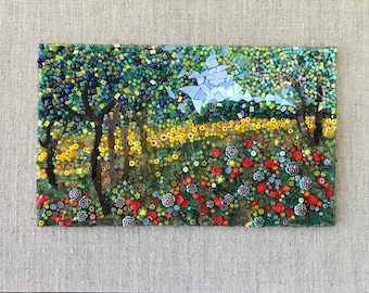 Beautiful Summer Forest Sunflower scene - Original handmade glass mosaic art - Professionally framed