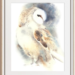 Barn owl watercolor print, bird of prey wall art, woodland bird painting, white owl impressionist portrait, bird lover gift, neutral decor