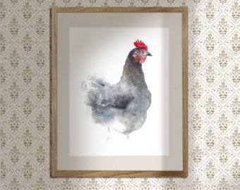 Chicken watercolor kitchen art giclée fine print farm animal home décor, hen wall art, Sapphire Gem hen print, large size, poultry art