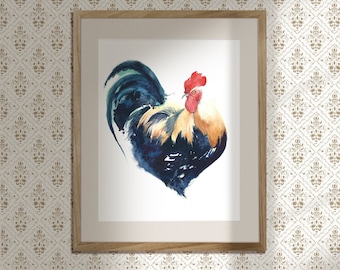 Rooster watercolor print, kitchen wall art, modern farmhouse decor, rooster lover gift, Faveroll breed art print, unframed