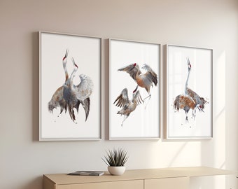 Set of 3 sandhill cranes bird watercolor art prints, birds couple wall art, courting birds home decor, large size