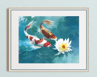 Koi fish Zen watercolor art print wall decor, fish pond fine art print, gift for grandmother, Feng Shui home decor, large size, unframed