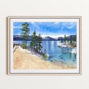 Lake Tahoe watercolor art, Nevada scenery print, California landscape painting, Sand harbor artwork, Sierra Nevada mountains, unframed