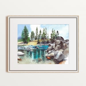 Lake Tahoe watercolor print, California landscape, Nevada scenery, colorful scenery painting, unframed, large size giclee print