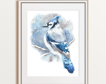 Blue jay watercolor art print Christmas painting, winter mantel decor, rustic cabin wall art, bird lover gift, blue fine giclee, unframed