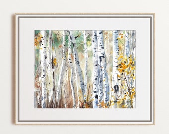 Birch trees watercolor art, landscape fall décor, aspen grove wall art, fall tree painting, nature wall art, large size print, unframed