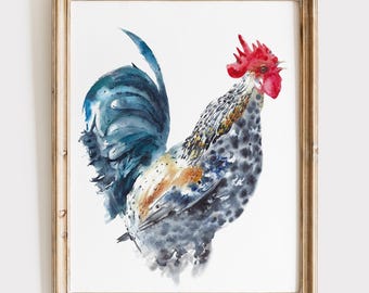 Rooster Watercolor Print - Farmhouse Kitchen Wall Art - Chicken Lover Gift