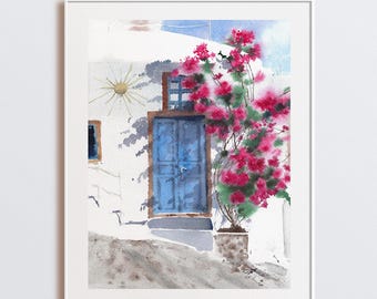 Mykonos Watercolor Print - Blue Door Wall Art - Greek White Old City Artwork - Greece Cityscape