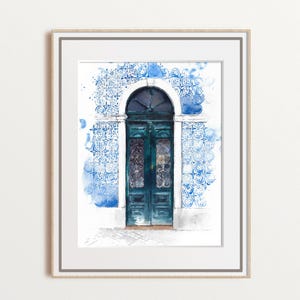 Lisbon Door Watercolor Art – Portuguese Blue Tile Wall Print – Azulejo Architecture Decor – Travel Gift – Rustic European Wall Art