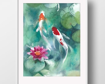 Koi fish Zen watercolor art giclee print, fishpond wall art, koi pond home decor, Feng Shu artwork, lily pad art, lotus watercolor