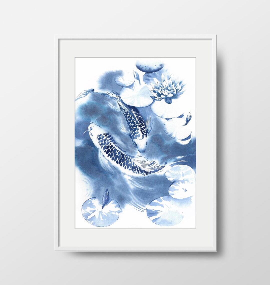 Blue Koi Fish Watercolor Print - Japanese Garden Wall Art - Zen Decor ...