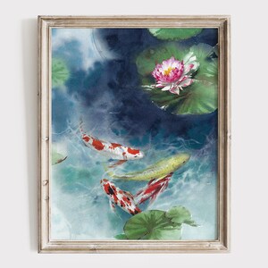 Koi Fish Watercolor Print - Zen Wall Art - Water Lily Flower Artwork - Feng Shui Decor