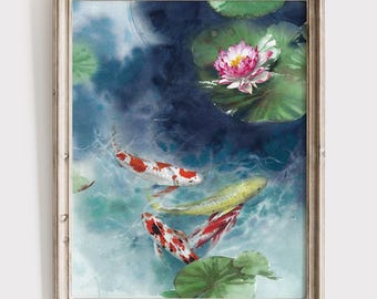 Koi Fish Watercolor Print - Zen Wall Art - Water Lily Flower Artwork - Feng Shui Decor