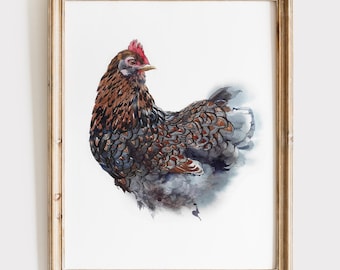 Chicken Watercolor Print - Farmhouse Kitchen Wall Art - Barnevelder Farm Bird Artwork