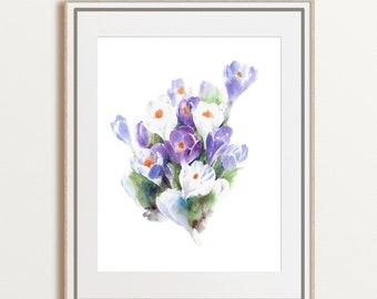 Crocuses watercolor art, spring flowers print, purple nursery decor, gift for mom, unframed