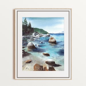 Lake Tahoe watercolor art, Nevada landscape painting, Sand Harbor beach wall art, blue art print, large size, unframed