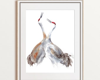 Sandhill kranen aquarel kunst giclee kleine lettertjes, dansende vogels kunst aan de muur, hofmakerij home decor, groot formaat