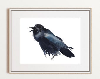 Raven art print gothic black bird giclee, modern watercolor painting, moody wall art, dark aesthetic home decor