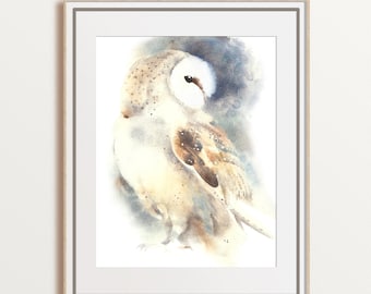 Barn owl watercolor print bird of prey wall art, woodland bird painting, white owl impressionist portrait, bird lover gift, neutral decor