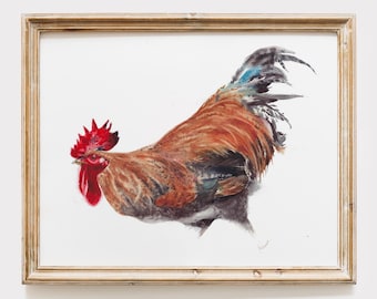 Rooster Watercolor Print - Farmhouse Kitchen Decor - Farm Bird Painting