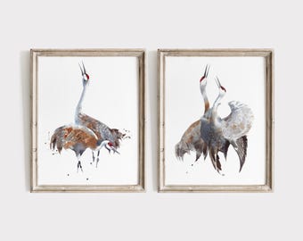 Sandhill Cranes Watercolor Print Set Of 2 - Florida Bird Artwork - Neutral Rustic Home Decor