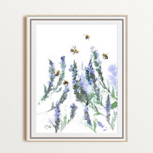 Lavender and bees watercolor art, purple flowers painting, summer meadow wall art, botanical home decor, floral fine print, unframed