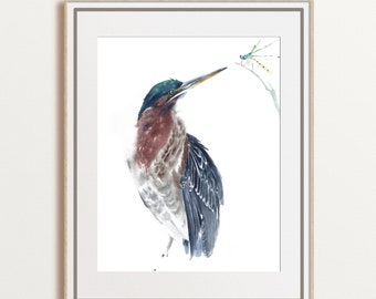 Green heron watercolor print funny bird painting, bird lover gift, minimalist artwork, Florida bird art, coastal beach house decor, unframed